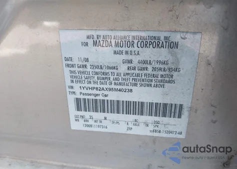 2009 Mazda Mazda6 I Grand Touring из США, поврежденный, VIN 1YVHP82AX95M40238